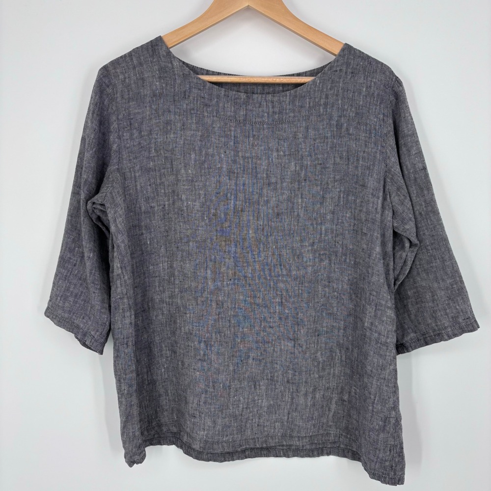 Len.Ok 100% Linen Boat Neck 3/4 Sleeve Top Women Large Grey Melange Pullover